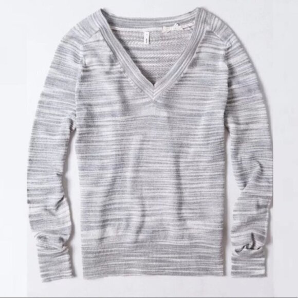 Anthropologie Moth Marled Gray V-Neck Sheer Back Sweater - Picture 5 of 5